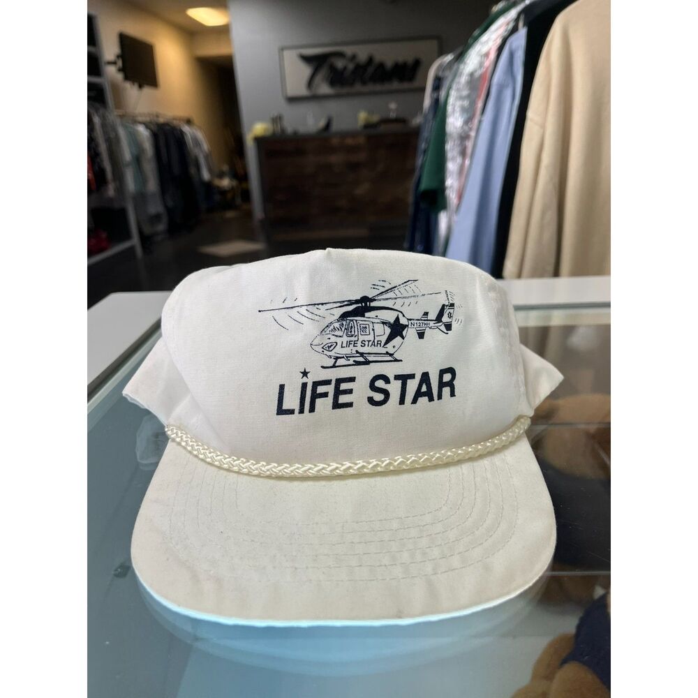 Vintage 90s Men Life Star Helicopter Snapback Hat White made in USA